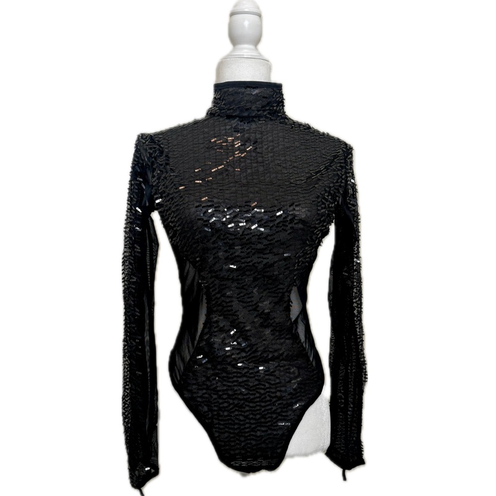 Black Sequin Symmetric Bodysuit with Long Sleeves, Size L - Picture 2 of 15